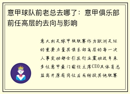 意甲球队前老总去哪了：意甲俱乐部前任高层的去向与影响